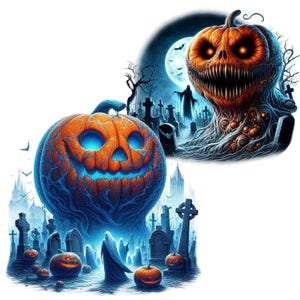 May include: Two Halloween-themed images featuring jack-o'-lantern pumpkins with glowing eyes and carved smiles. The first image shows a pumpkin with a menacing expression in a graveyard setting. The second image shows a pumpkin with a friendly expression in a graveyard setting with ghosts.