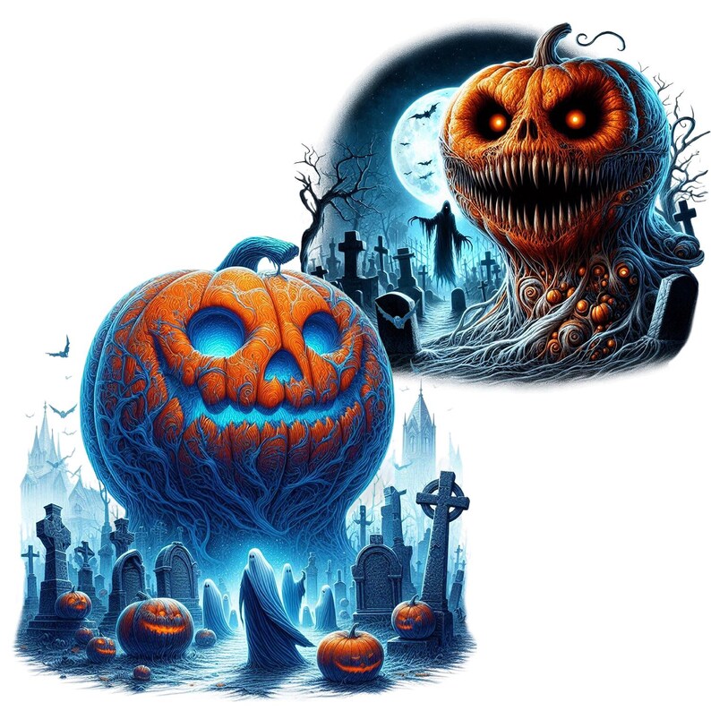 May include: Two Halloween-themed images featuring jack-o'-lantern pumpkins with glowing eyes and carved smiles. The first image shows a pumpkin with a menacing expression in a graveyard setting. The second image shows a pumpkin with a friendly expression in a graveyard setting with ghosts.