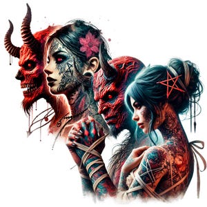 May include: Three figures with red and black demonic features and tattoos. The figures are women with long black hair and red lips. The figures are wearing black clothing and have a dark background.