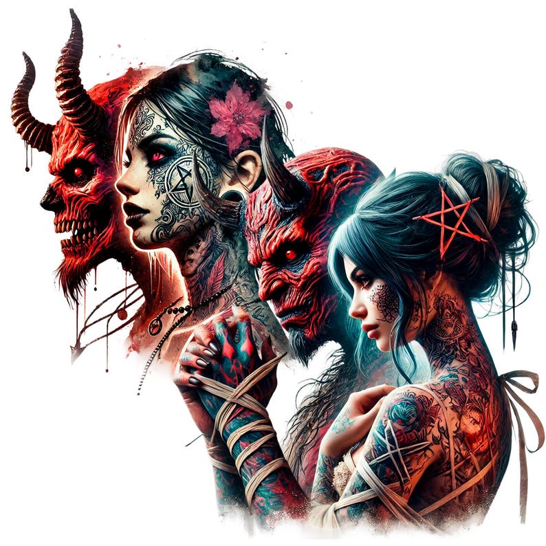 May include: Three figures with red and black demonic features and tattoos. The figures are women with long black hair and red lips. The figures are wearing black clothing and have a dark background.