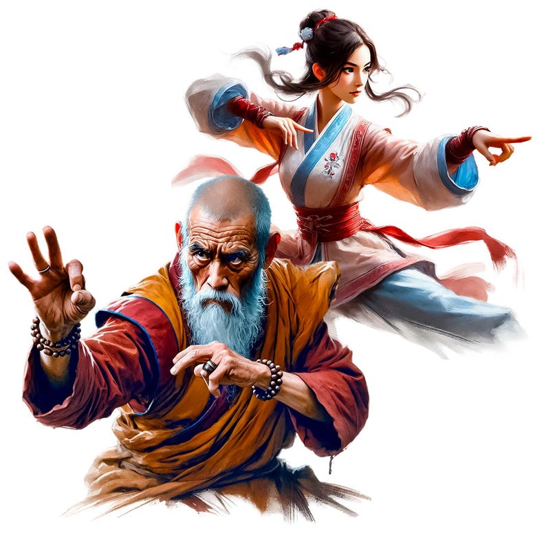 May include: A man with a long white beard wearing a brown and orange robe, with a woman in a white and blue robe with a red sash, both in a fighting stance.