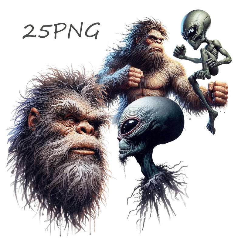 May include: A digital illustration of three mythical creatures: a Bigfoot with brown fur, a gray alien with large eyes, and a gray alien with a long, pointed head. The Bigfoot is standing on its hind legs and has its fists clenched. The gray alien with large eyes is standing on one leg and has its arm raised in a fist. The gray alien with a long, pointed head is standing on its hind legs and has its arms crossed.