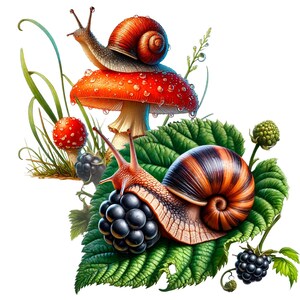 Puede incluir: Dos caracoles, uno en un hongo rojo y blanco con manchas blancas y el otro en una hoja verde con moras. El caracol en el hongo tiene una concha marr&oacute;n con una raya amarilla. El caracol en la hoja tiene una concha marr&oacute;n y naranja con rayas negras.