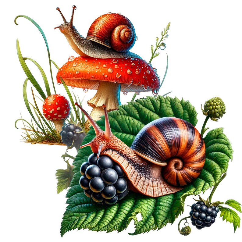 Puede incluir: Dos caracoles, uno en un hongo rojo y blanco con manchas blancas y el otro en una hoja verde con moras. El caracol en el hongo tiene una concha marr&oacute;n con una raya amarilla. El caracol en la hoja tiene una concha marr&oacute;n y naranja con rayas negras.