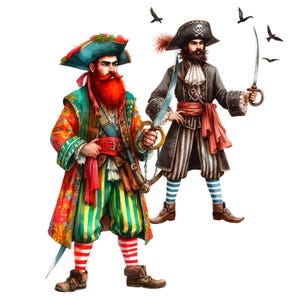 May include: Two pirates, one with a red beard and a colorful patterned coat, the other with a black and white striped coat, both holding swords and wearing pirate hats.