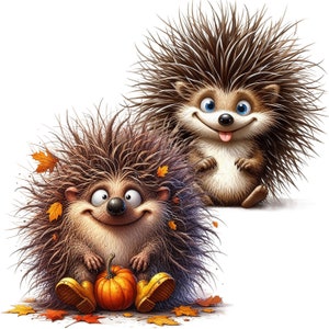 May include: Two cartoon hedgehogs with brown fur and big smiles. One hedgehog is holding an orange pumpkin. Both hedgehogs are surrounded by autumn leaves.