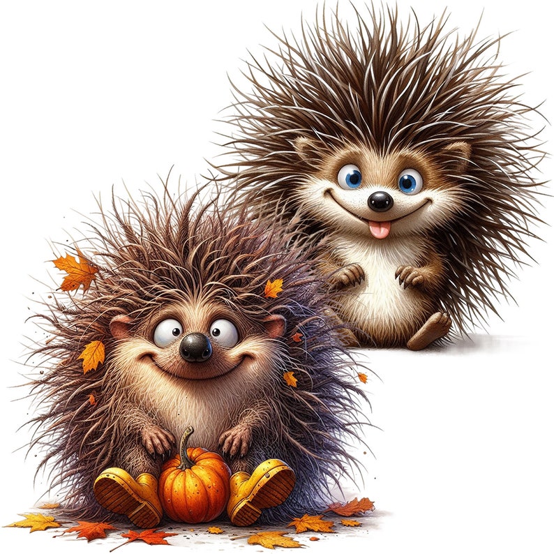 May include: Two cartoon hedgehogs with brown fur and big smiles. One hedgehog is holding an orange pumpkin. Both hedgehogs are surrounded by autumn leaves.