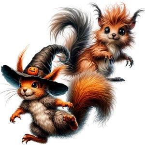 Puede incluir: Dos ardillas naranja y marr&oacute;n con colas tupidas. Una ardilla lleva un sombrero de bruja negro con una peque&ntilde;a calabaza naranja en el borde. Las ardillas est&aacute;n mirando hacia adelante con la boca ligeramente abierta.