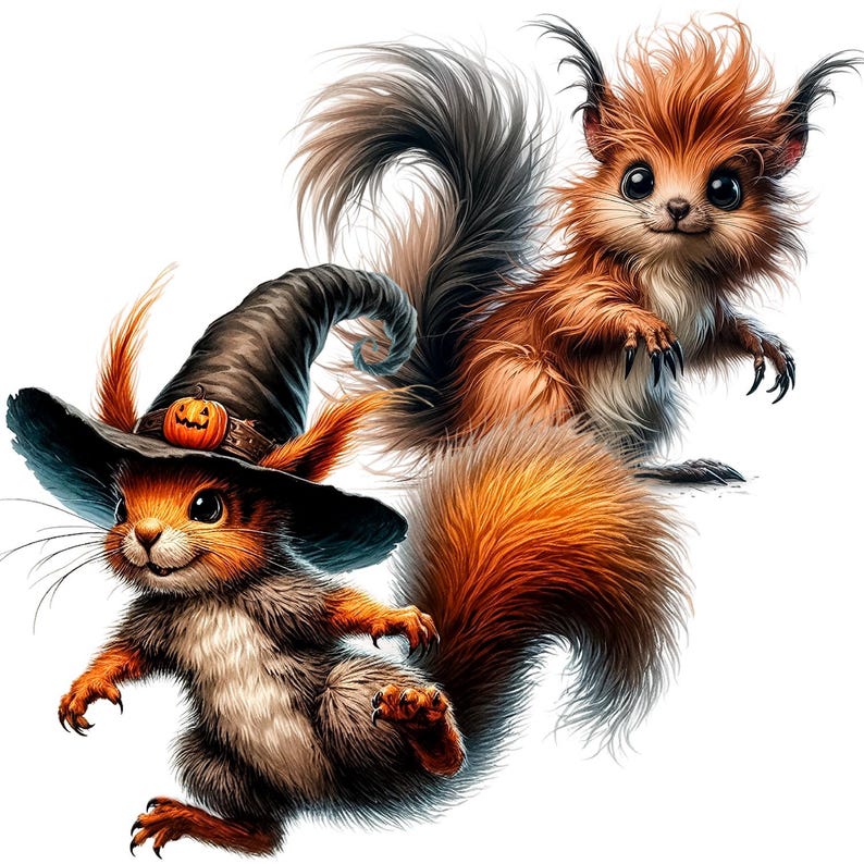 Puede incluir: Dos ardillas naranja y marr&oacute;n con colas tupidas. Una ardilla lleva un sombrero de bruja negro con una peque&ntilde;a calabaza naranja en el borde. Las ardillas est&aacute;n mirando hacia adelante con la boca ligeramente abierta.