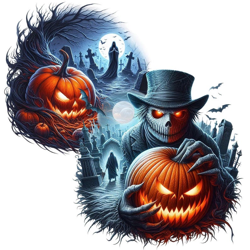 May include: A spooky Halloween illustration featuring a graveyard with two jack-o'-lanterns, one held by a skeletal figure wearing a top hat and the other in the background. The illustration is done in a dark and eerie style with blue and orange colors.