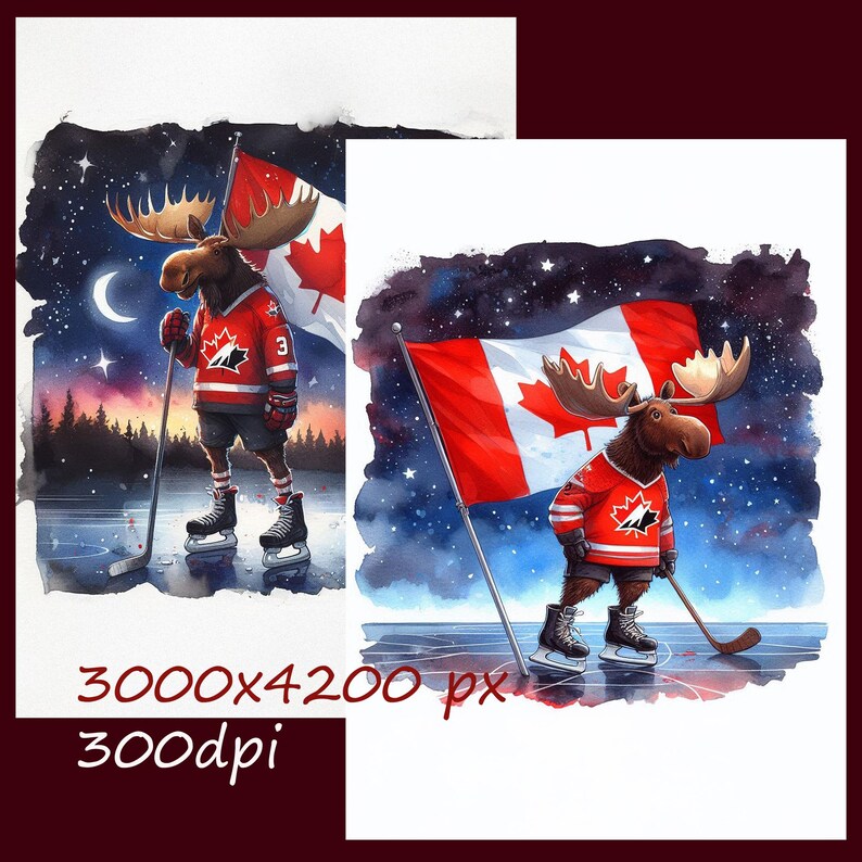 Puede incluir: Una pintura de acuarela de un alce con un jersey de hockey y un palo de hockey. El alce est&aacute; de pie en un lago helado con una bandera canadiense en el fondo. La pintura est&aacute; ambientada en un cielo nocturno estrellado.