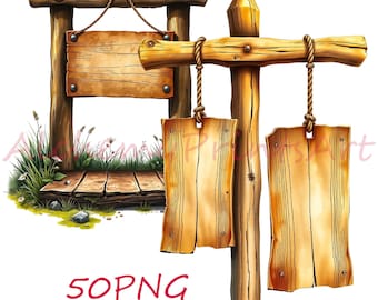 Wooden Sign Clipart, Arrow Design Elements (50 PNG) (Digital Download)