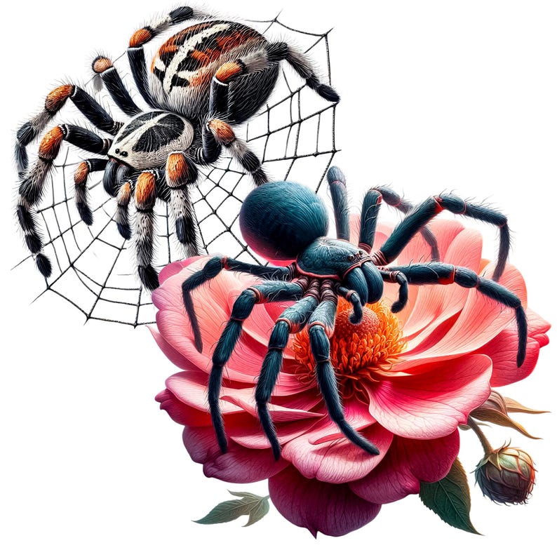Pode incluir: Duas aranhas, uma preta e branca com detalhes laranja e outra azul, s&atilde;o mostradas sobre um fundo branco. A aranha preta e branca est&aacute; em uma teia, enquanto a aranha azul est&aacute; em uma flor rosa.