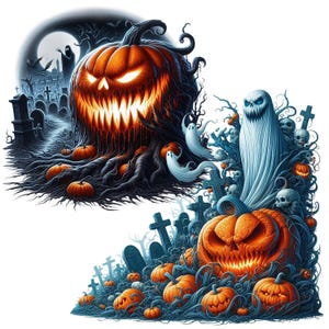 May include: Two Halloween themed illustrations featuring jack-o'-lanterns, ghosts, and tombstones. The first illustration shows a jack-o'-lantern with a dripping face in a graveyard setting. The second illustration shows a ghost with a jack-o'-lantern in a graveyard setting.