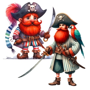May include: Two cartoon pirates, one with a red beard and a blue and white striped shirt, the other with a red beard and a blue and white striped shirt, holding swords and a parrot.