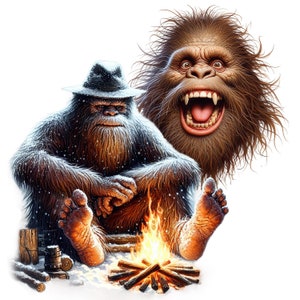 Puede incluir: Un Bigfoot marr&oacute;n y blanco con un sombrero fedora marr&oacute;n se sienta junto a una fogata en la nieve. Se puede ver la cara de otro Bigfoot en el fondo.