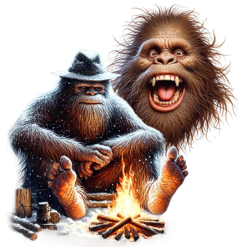 Puede incluir: Un Bigfoot marr&oacute;n y blanco con un sombrero fedora marr&oacute;n se sienta junto a una fogata en la nieve. Se puede ver la cara de otro Bigfoot en el fondo.