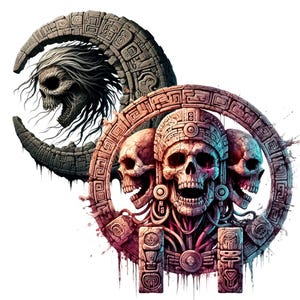 Pode incluir: Uma ilustra&ccedil;&atilde;o digital de tr&ecirc;s cr&acirc;nios com ornamentos elaborados, cercados por uma moldura circular de pedra com entalhes intrincados. Os cr&acirc;nios est&atilde;o em tons de rosa e vermelho, com um brilho azul e roxo emanando do cr&acirc;nio central. O fundo &eacute; branco.