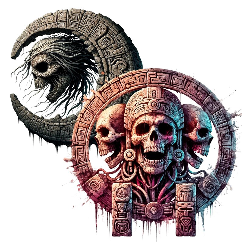 Pode incluir: Uma ilustra&ccedil;&atilde;o digital de tr&ecirc;s cr&acirc;nios com ornamentos elaborados, cercados por uma moldura circular de pedra com entalhes intrincados. Os cr&acirc;nios est&atilde;o em tons de rosa e vermelho, com um brilho azul e roxo emanando do cr&acirc;nio central. O fundo &eacute; branco.