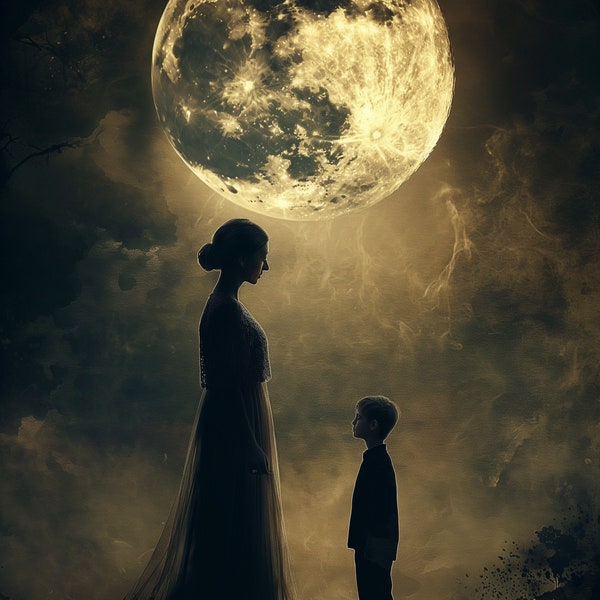 Muttertag digitale Kunst, Mutter und Sohn Vollmond Silhouette, mystische Twilight-Dekor, Mutterschaft ergreifender Moment, einzigartiges Muttergeschenk