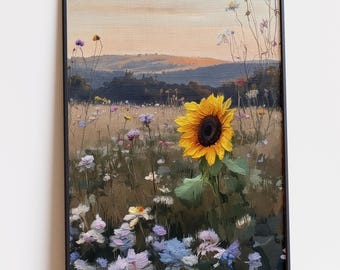 Sonnenblume Wildblumenfeld Ölgemälde druckbare Wand Kunst Landschaft Wiese digitaler Download