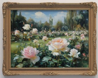 Lámina vintage de jardín de rosas, paisaje floral rosa, arte mural cottagecore, decoración shabby chic