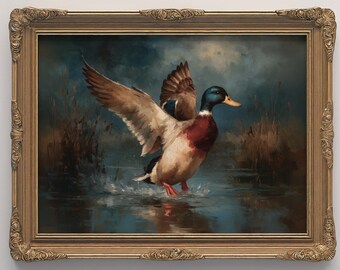 Impresión vintage de pato real, pintura al óleo de pájaro volador, decoración rústica de pared de casa del lago