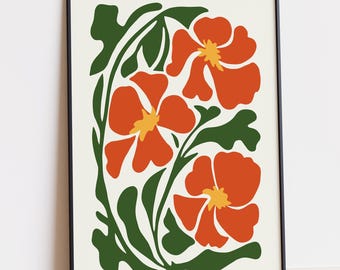 Orange Poppy Flower Print 70s, Retro Groovy Botanical Wall Art, Green and Orange Mod Poster, Mid Century Bedroom Decor Print