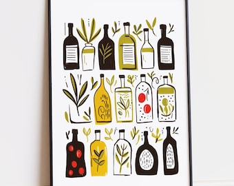 Olive Oil Bottle Print, Kitchen Wall Art, Mediterranean Still Life Poster, Italian Kitchen Decor, Green Olive Branch Printable Art
