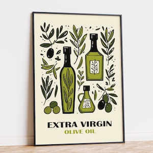 May include: A framed illustration of olive oil bottles and olive branches with the text "EXTRA VIRGIN OLIVE OIL".