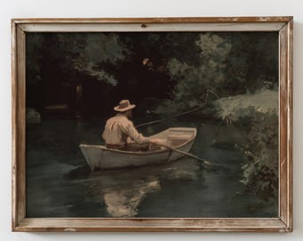Vintage Fly Fishing Print, Moody River Boat Art, Angler Oil Painting, Man Cave Decor