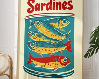 Vintage muurposter sardines: printbaar retro keukendecor (digitale download)