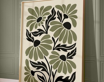 Sage Green Retro Floral Print Maximalist Folk Botanical Mid Century Modern Wall Art