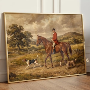 Print van een vossenjacht, olieverfschilderij van een Engelse vossenjacht, vintage muurdecoratie met een paardenjachtscène, antieke paardenposter, printbare download