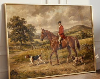 Pintura al óleo vintage de caza del zorro, impresión artística ecuestre, descarga digital, decoración campestre inglesa