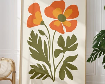 70s Retro Orange Floral Print, Groovy Boho Flower Art, Mod Green Wall Decor, Mid Century Kitchen Poster, Bright Botanical Print