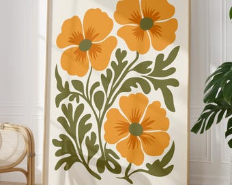 Mid Century Floral Art Print Yellow Groovy 70s Flower Power Boho Wall Decor Download