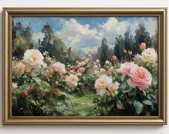 Impresión vintage de jardín de rosas con flores, pintura de paisaje, arte rural francés, decoración de primavera estilo cottagecore