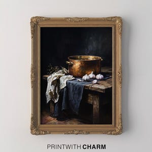 Rustikales Stillleben Kupfertopf Druck, Stimmungsvolle Knoblauch Küchenkunst, Kulinarische Wanddekoration