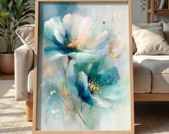 Abstract Teal Flower Painting, Ethereal Blue and Gold Floral Art Digital Download Decor