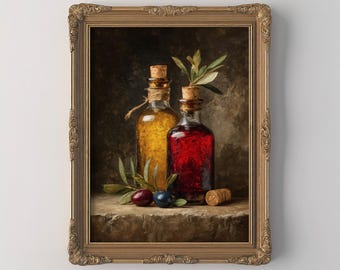 Vintage Chili and Olive Oil Bottle Print, Kitchen Wall Art, Rustic Decor