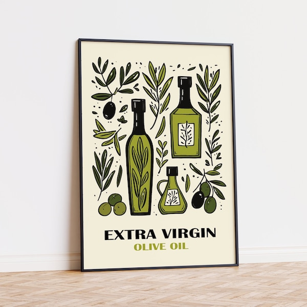 Extra Virgin Olive Oil Print Kitchen Poster, Trendy Green Printable Wall Art Aesthetic Decoration