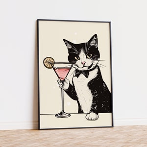 Cheers 黒猫プリント、Cin Cin カクテルグラス デジタル ウォール アート、動物ポスター 面白いトレンディな黒とベージュのバーカート装飾