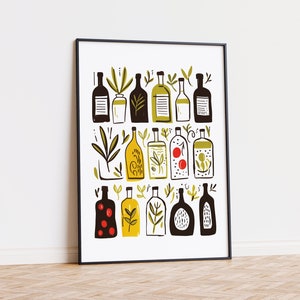Arte de pared para cocina con estampado de aceite de oliva, póster verde imprimible de moda, decoración estética