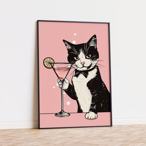 乾杯猫プリント、猫カクテルグラスデジタルウォールアート、動物ポスター面白いトレンディな黒とピンクのバーカート装飾