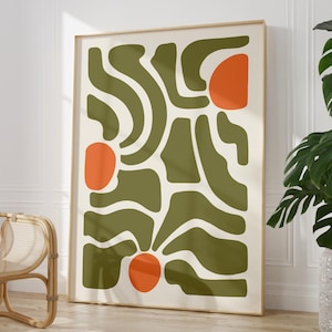 Arte de pared de flores abstractas, verde salvia, naranja, bohemio, moderno, imprimible, póster floral, descarga digital