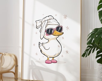 Divertente stampa artistica da bagno con anatra, umorismo stravagante con animali per il bagno, decorazione da parete per il bagno di servizio, poster per il bagno degli ospiti, stampa da regalo per il bagno dei bambini