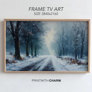 Winter Walk Forest Road Landscape, Samsung Frame TV Art,  Snowy Path Trees Moody Perspective