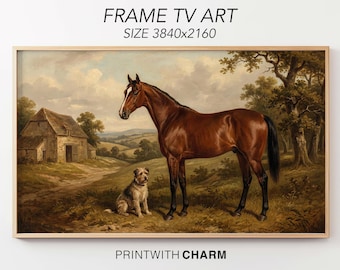 Samsung Frame TV Art Vintage Horse and Dog Oil Painting Equestrian Landscape Heritage 4K