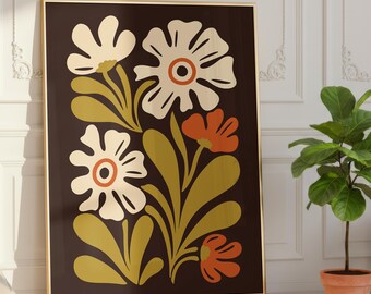 Terracotta and Sage 70s Retro Floral Print, Mid Century Modern Matisse Wall Art